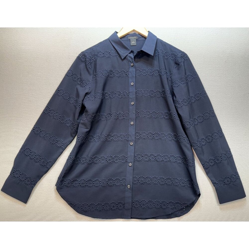 Ann Taylor Women's Button Down Eyelet Shirt Size 12 Navy Blue Embroidery Stretch
